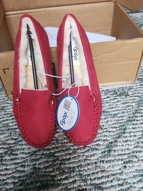 Floopi Red Faux-Suede Moccasin Slippers with Plush Lining